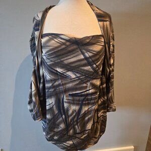 Midtown Abstract Print 2-Piece Cardigan Set | Size 2X | Grey & Blue